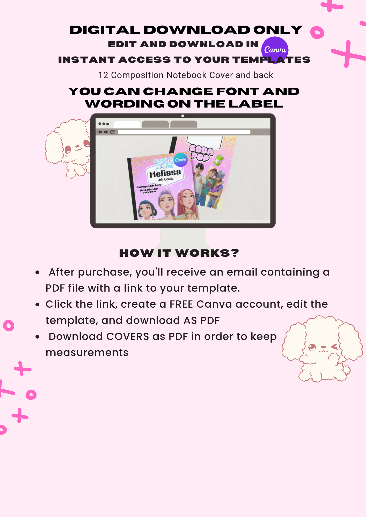 12 K-pop Demon hunters Composition Notebook Covers Mega Bundle, Editable Composition Book Canva Template, Patterns, Back to School
