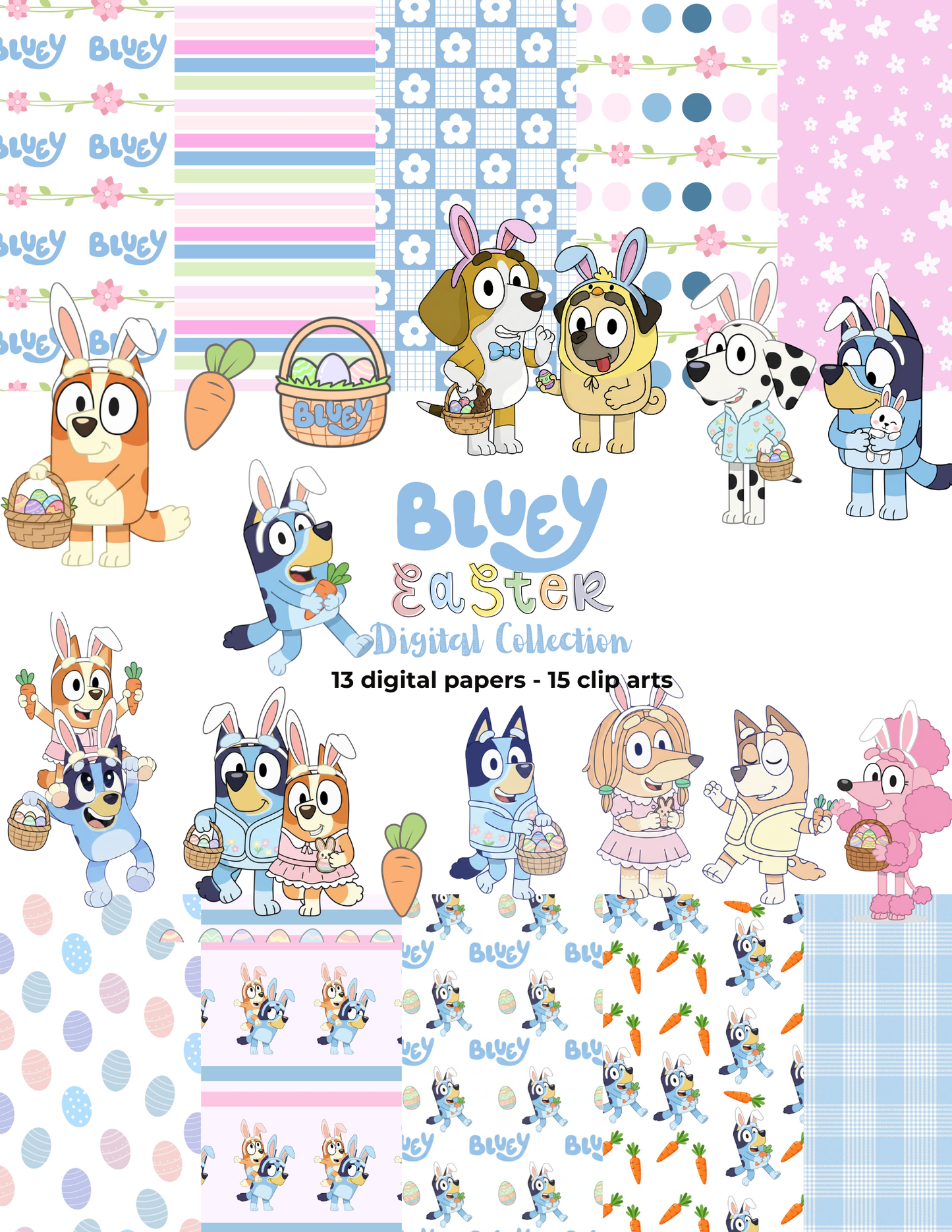 Kit Digital de Pascua: Edición Bluey y sus Amigos 🐰💙 (Clipart + Papeles + Cajitas) - Descarga Inmediata