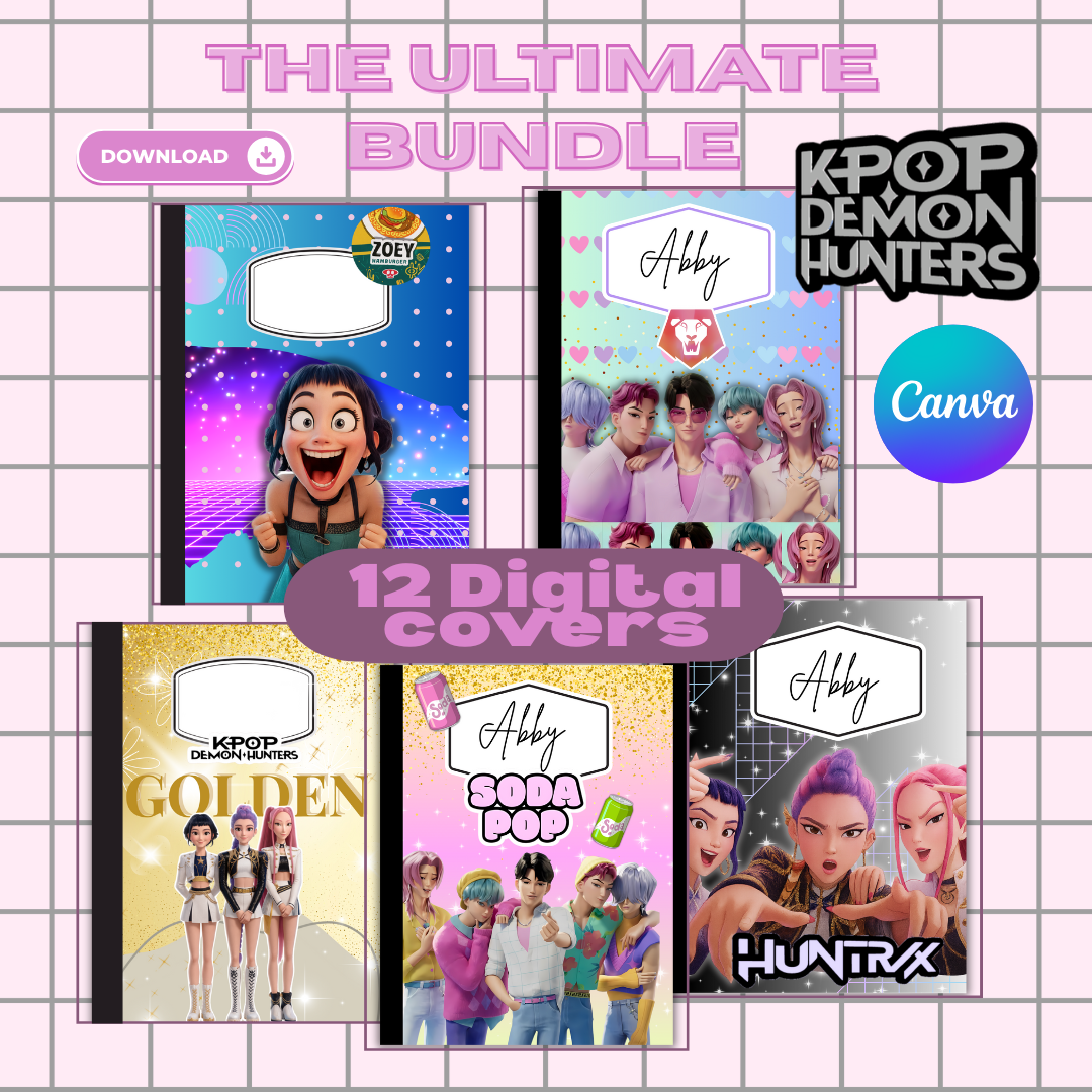 12 K-pop Demon hunters Composition Notebook Covers Mega Bundle, Editable Composition Book Canva Template, Patterns, Back to School