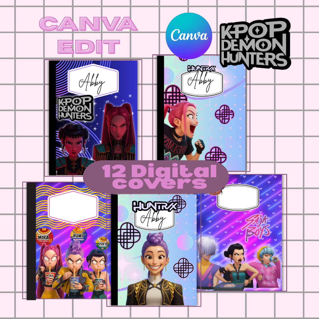 12 K-pop Demon hunters Composition Notebook Covers Mega Bundle, Editable Composition Book Canva Template, Patterns, Back to School