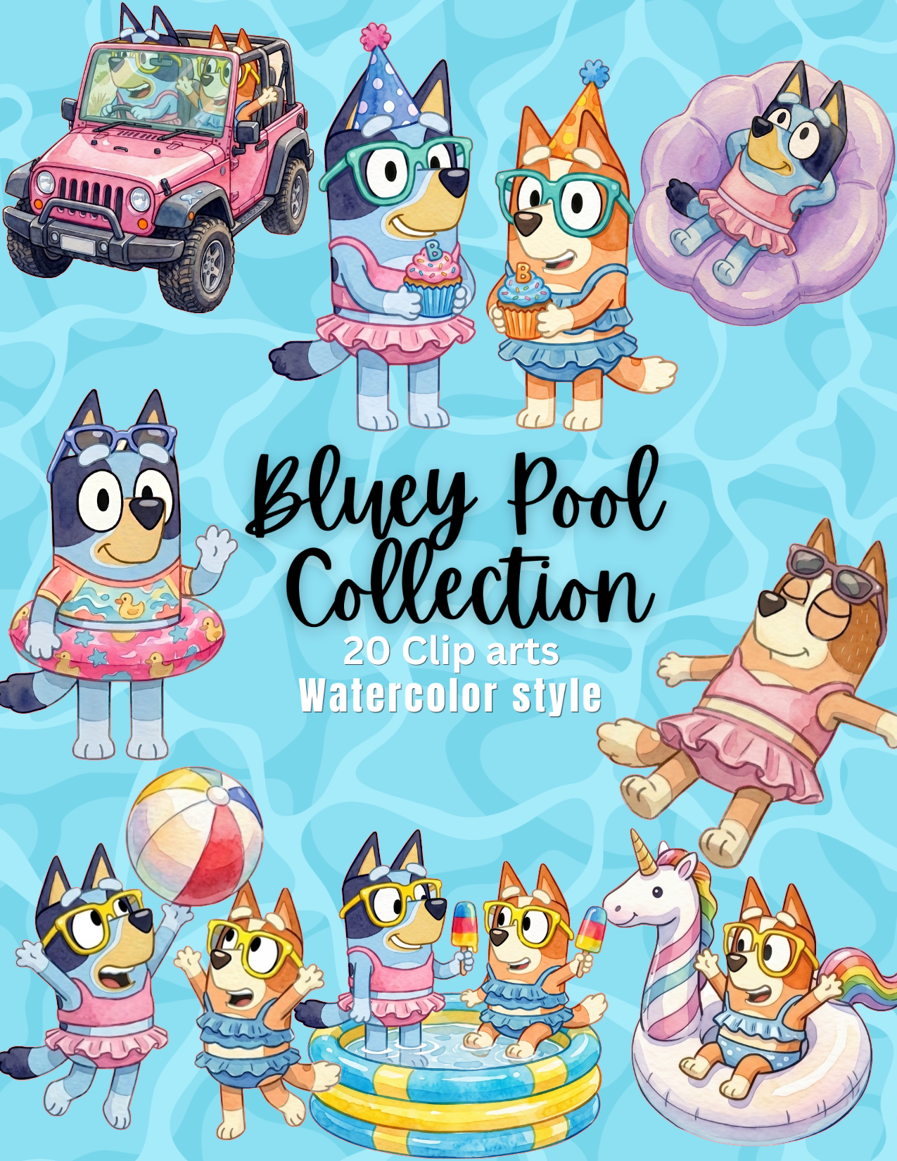 Bluey Pool Collection – 20 Clip Arts Acuarela | Archivos Digitales