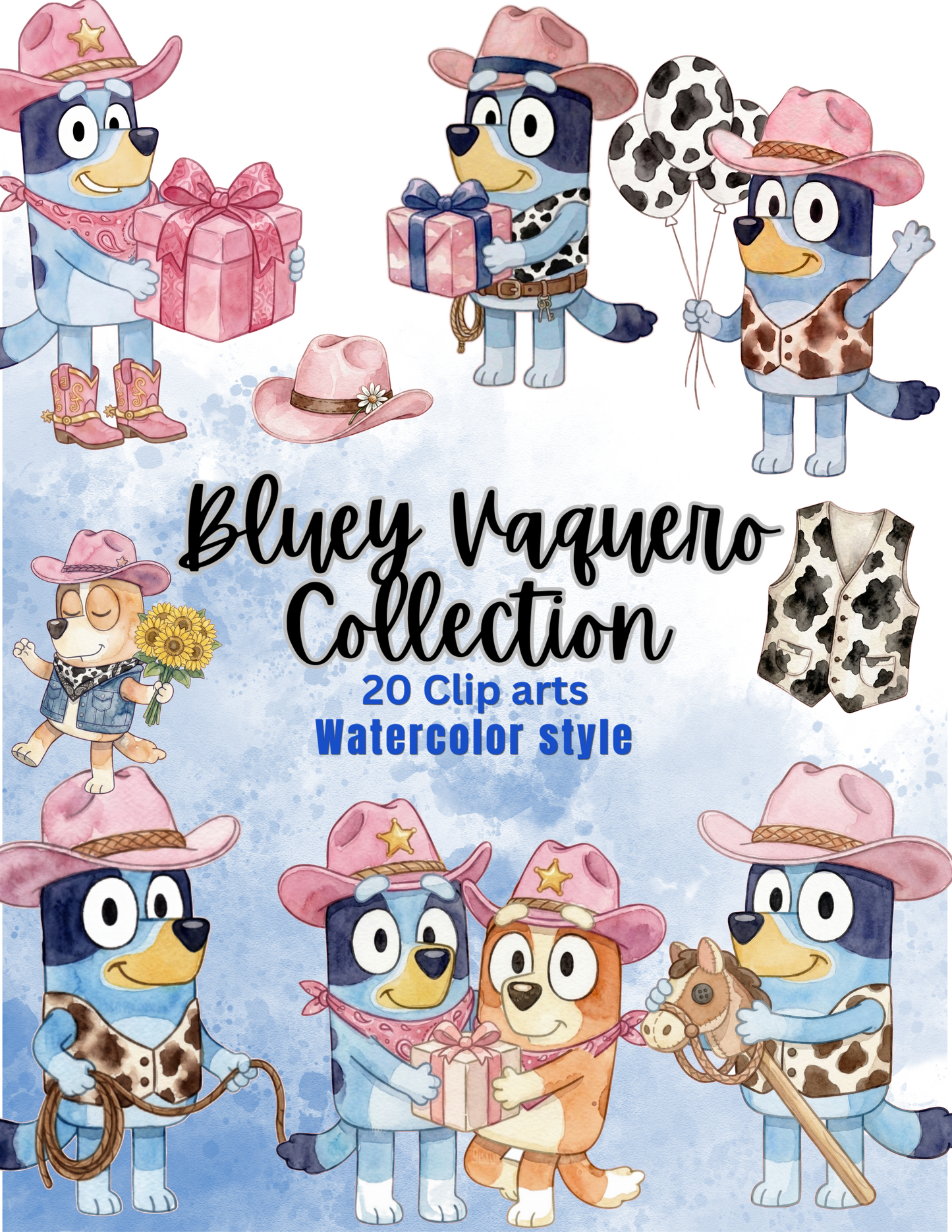 Bluey Vaquero Collection – 20 Clip Arts Acuarela | Archivos Digitales