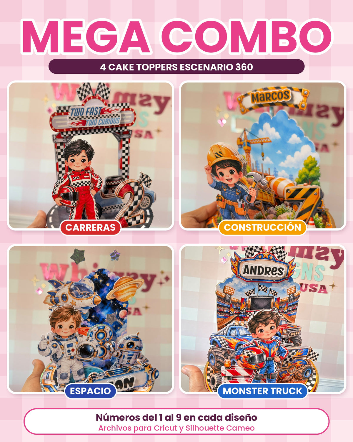 Mega Combo 4 Cake Toppers Escenario 360 Diorama | Carreras, Construcción, Espacio y Monster Truck | Números del 1 al 9 | Archivos para Cricut y Silhouette Cameo