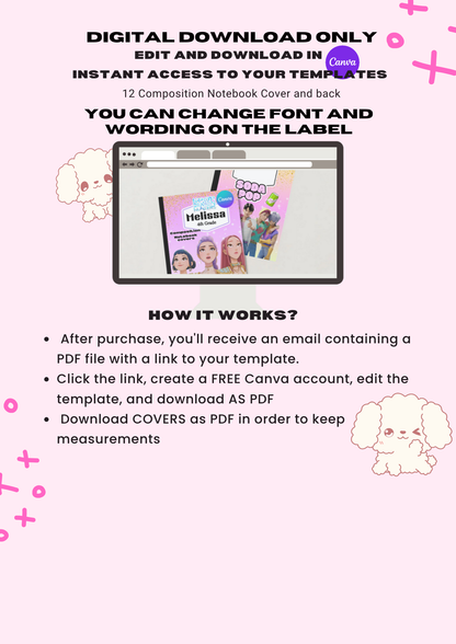 12 K-pop Demon hunters Composition Notebook Covers Mega Bundle, Editable Composition Book Canva Template, Patterns, Back to School