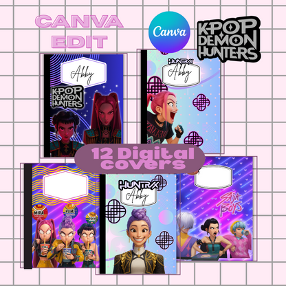 12 K-pop Demon hunters Composition Notebook Covers Mega Bundle, Editable Composition Book Canva Template, Patterns, Back to School