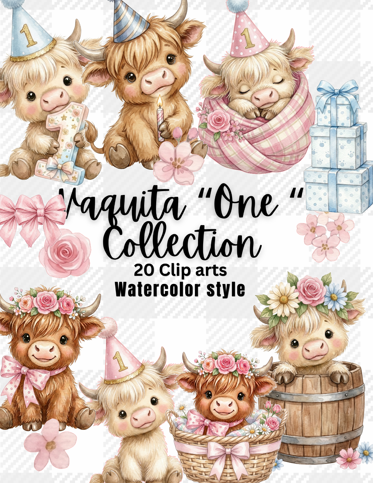Vaquita "One" Collection – 20 Clip Arts Acuarela | Archivos Digitales