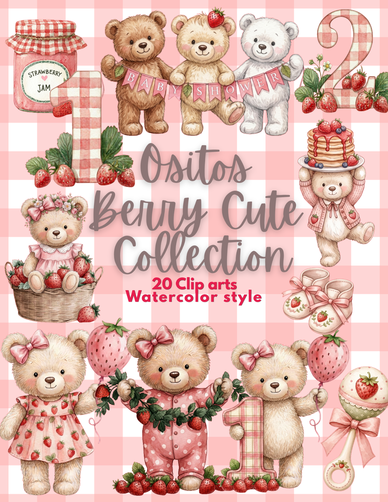 🐻 Ositos Berry Cute Collection – 20 Clip Arts Exclusivos Estilo Acuarela | EDICIÓN LIMITADA